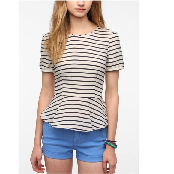 ANTHRO X PINS & NEEDLES Women's Cream Navy Blue Stripe Peplum Top XS Round Neck - Picture 7 of 14